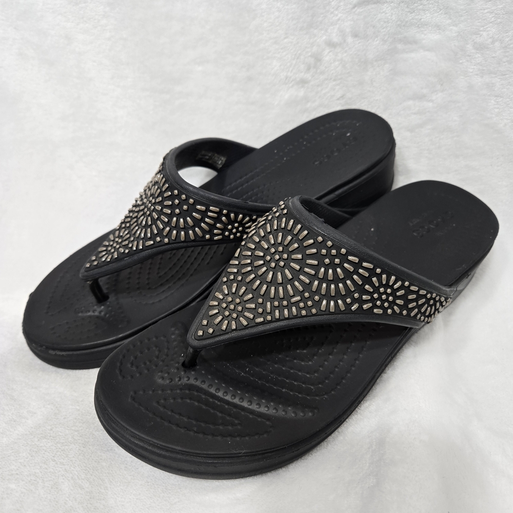 CROCS Black Sandals with Gold Accents